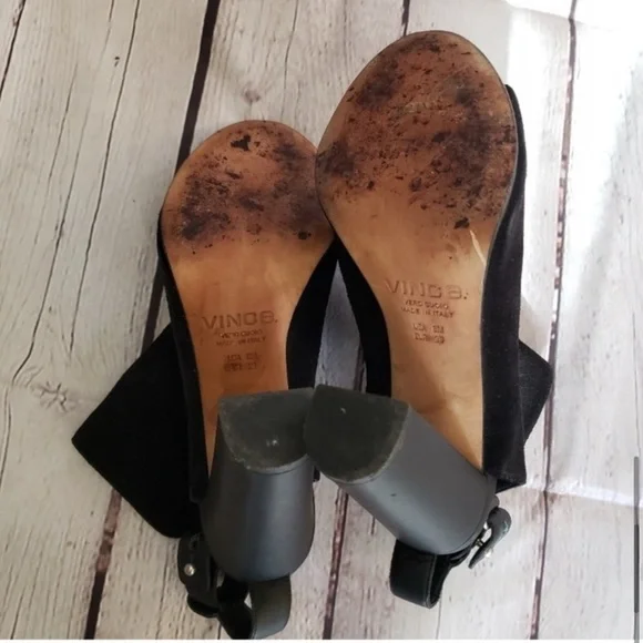 VINCE Addison Black Suede Peep Toe High Heel
Booties Block Heel T-Strap Back Sz8 - Picture 6 of 9